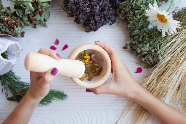 Ayurvedic practitioner preparing herbs or a peaceful Ayurvedic treatment setting.